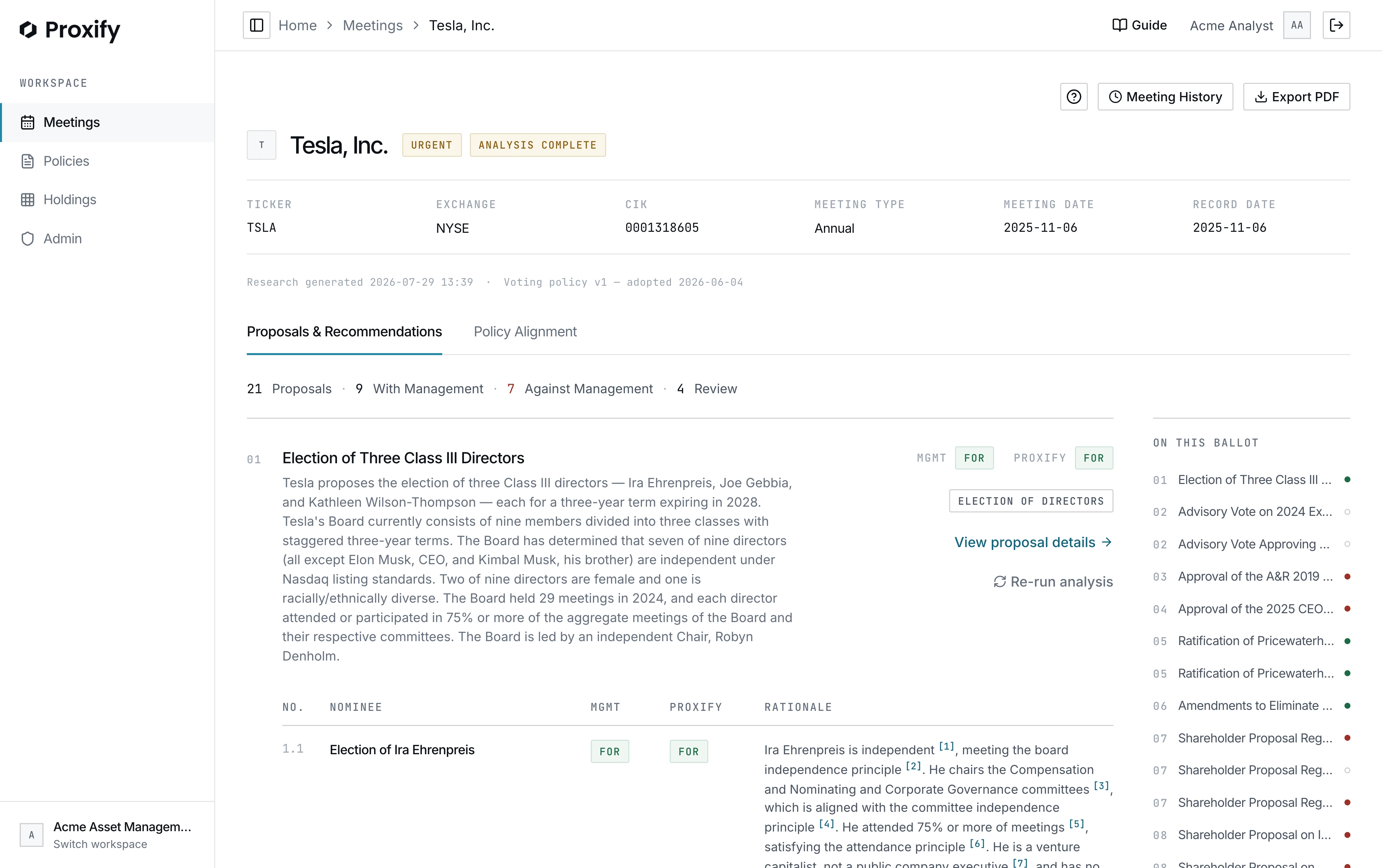 Proposal-by-proposal analysis: management's recommendation, the policy recommendation, and the cited rationale for each.